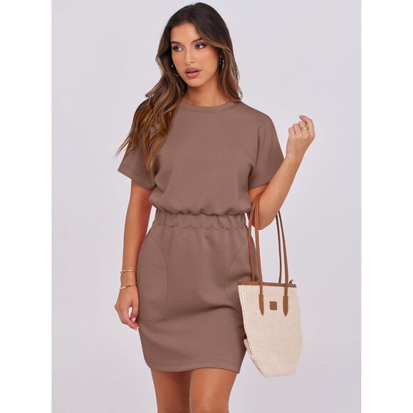 Anrabess Women Brown Crew Neck Elastic Waist Mini T Shirt Dress With Pocket - Picture 2 of 6
